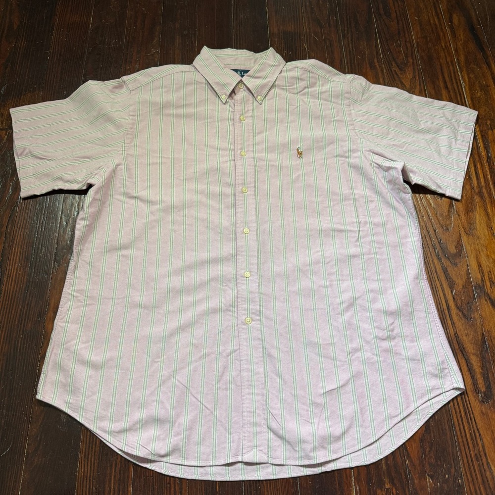 VTG Ralph Lauren Shirt‎ Mens XL Pink Striped Classic Fit Flesh Pony Short Sleeve